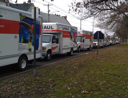 U-Haul trucks lined up and ready to help after Hurricane Sandy