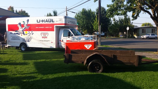 U-Haul displayed a 20-foot truck (TT) with a Ridgefield SuperGraphic, a classic orange trailer and a wooden trailer constructed in 1946 at Ridgefield Heritage Day.