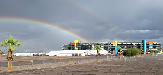 A view of a double rainbow over Phoenix Raceway from the U-Haul safe trailering and propane site