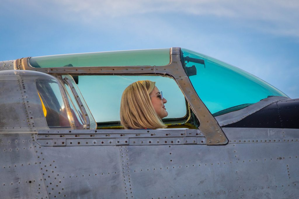 Phoenix Mayor Kate Gallego in the cockpit of the PB4Y-2 Privateer, a WWII Bomber