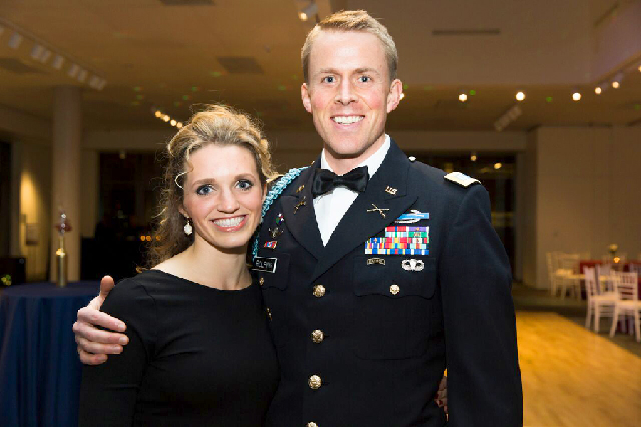 Tillman Scholar in dress uniform with blond wife.