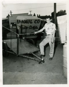 1948 Hap Carty with trailer at Portland shop