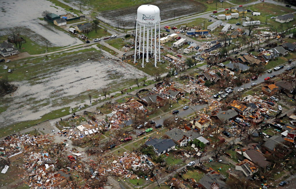 An aerial image taken Sunday, December 27, 2015 shows the path of a tornado in Rowlett, Texas.
