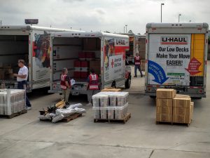 U-Haul truck being loaded at the Red Cross bulk distribution warehouse.