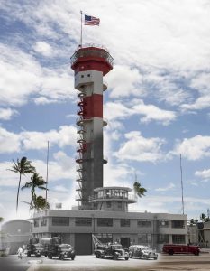 Ford Island Control Tower, Pearl Harbor. Artist rendering combining old and present day photos. Credit: U.S. Navy Mass Communication Specialist 3rd Class Diana Quinlan / Released)